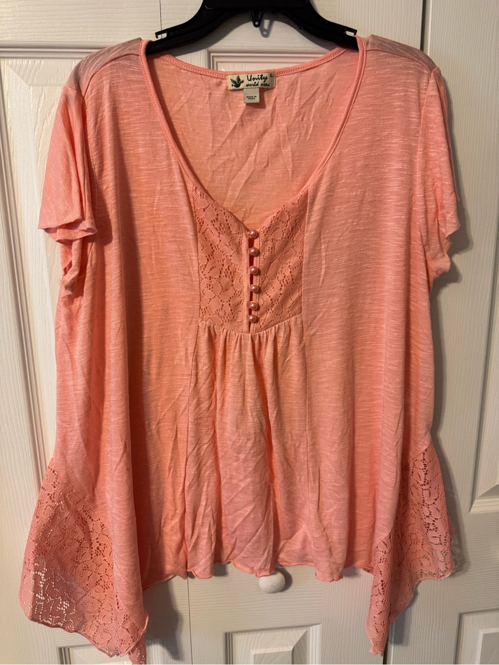 Unity World Wear Peach Lace-Panel Flow Tunic Top